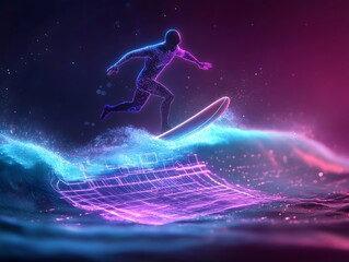 Summertime, retro, grid: Surfer riding an electric blue digital wave with a glowing synth grid below, summer fantasy theme.