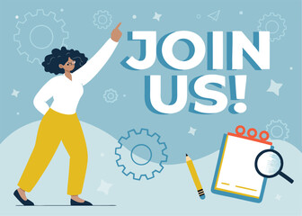 Join Us! Engaging Illustration of a Person Pointing at a Bold 'Join Us' Message, Invitation and Call to Action Concept
