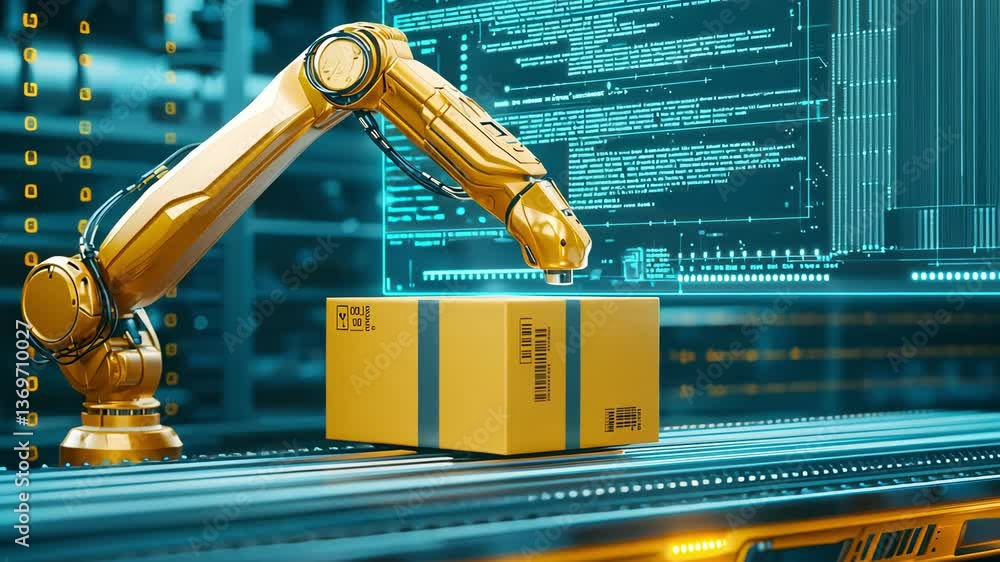 Poster robotic arm handling package in modern warehouse setting