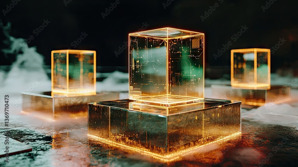 Poster abstract digital landscape with interconnected neon cubes, symbolizing artificial intelligence and b