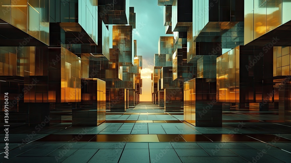 Poster abstract digital future representation with interconnected illuminated cubes and deep ai-driven visu