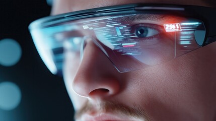a man wearing high-tech augmented reality glasses, intently looking at the data displayed on the lenses
