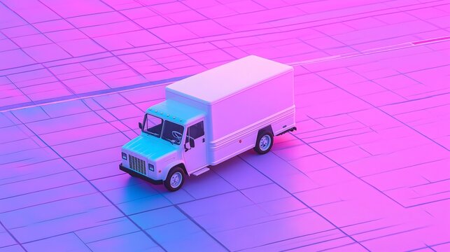 Summertime, retro, grid: Vintage ice cream truck parked on a glowing purple-blue grid street, summer nostalgia vibes.