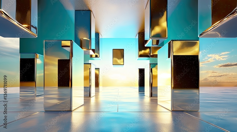 Poster abstract futuristic metaverse concept with interconnected luminous cubes and deep blue tech backgrou