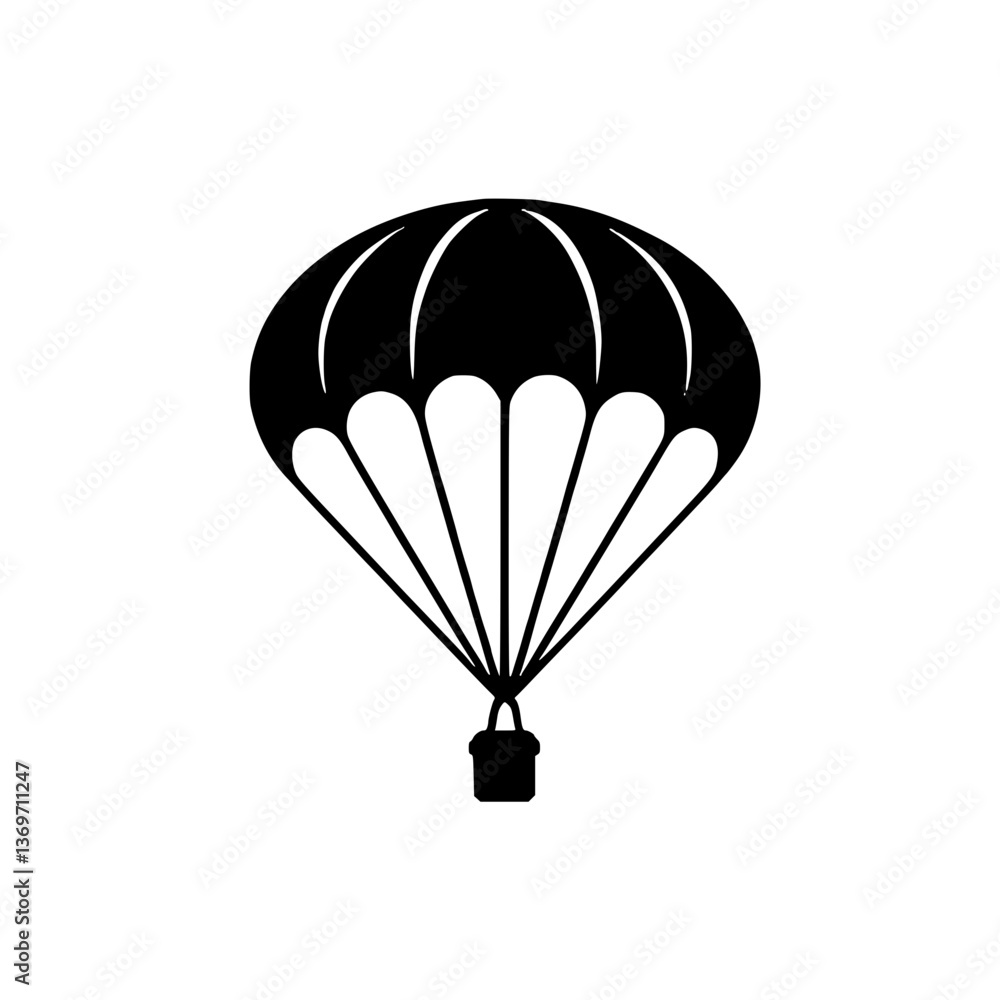 Poster isolated silhouette of a parachute with a basket suitable for design use as an icon or a graphic ele