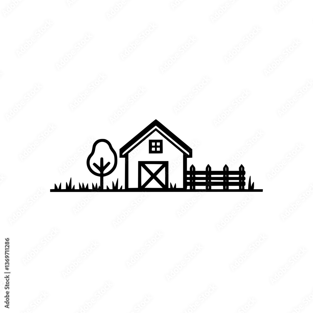 Poster simple and line drawing of a barn in a minimalist rural setting the barn has a fenced area and a tre