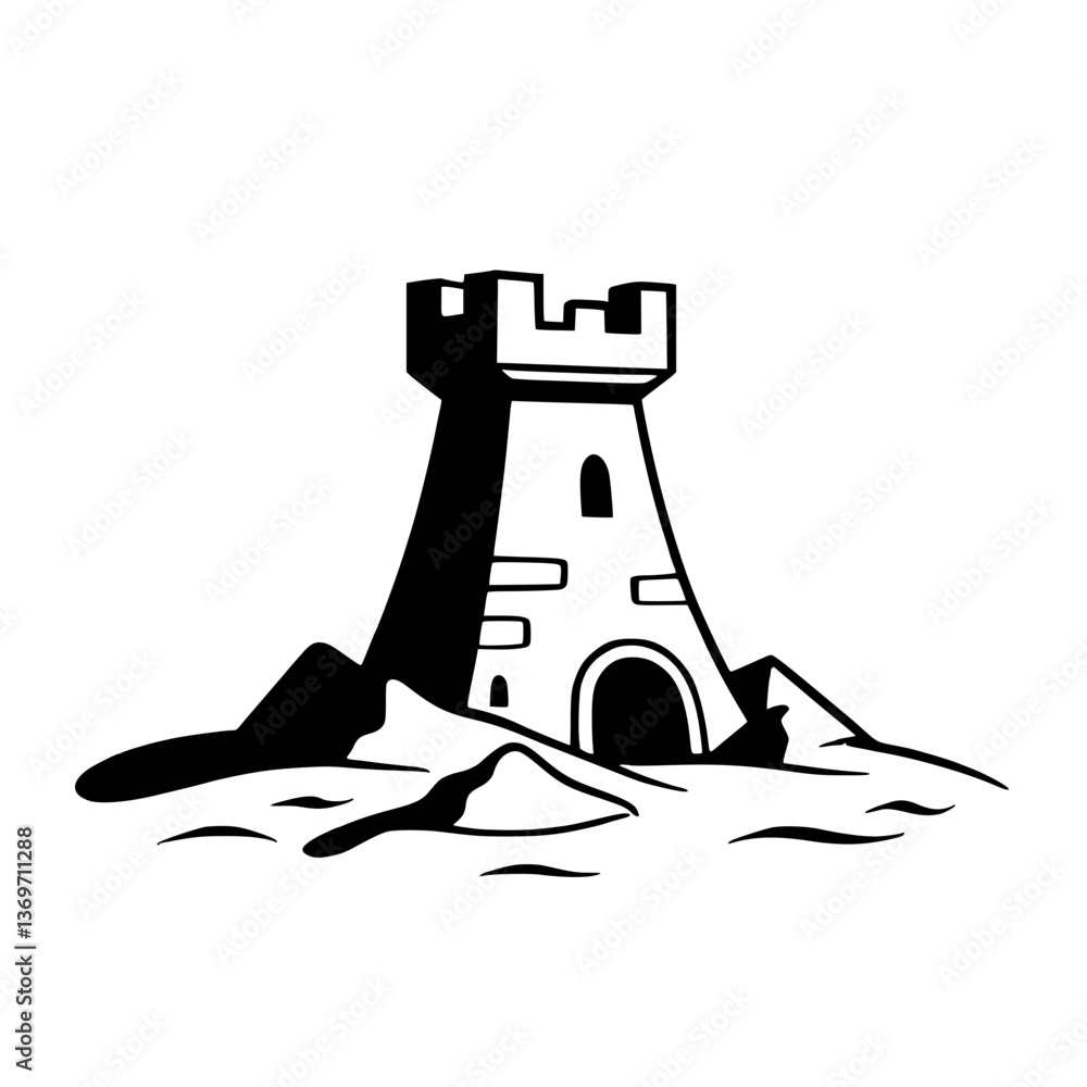 Poster monochrome simplistic line drawing of a fort structure surrounded by dunes the fort's solid form con