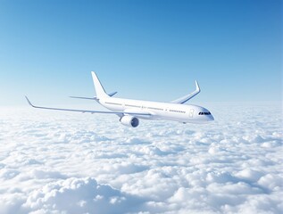 Obraz premium White airplane flying above soft clouds, minimal design style on a bright blue sky background, concept of modern air transport and aviation. Ai generative
