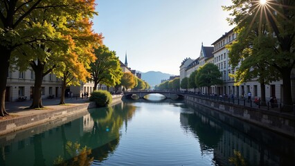 Fototapeta premium Historic River Walk in Switzerland Bern showcases scenic river, calm waters reflecting sunlight, autumn trees, and stone bridge. Concept of Historic River Walk in Switzerland Bern, vibrant landscape.