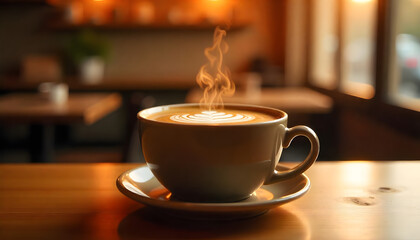 Front View of Steaming Coffee in a Sleek Ceramic Mug