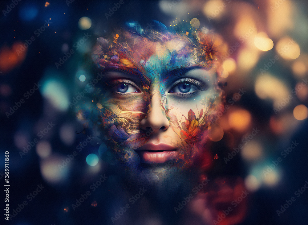 Poster a woman's face is adorned with vibrant abstract paint patterns, creating a surreal effect. bokeh lig