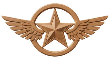 Isolated Wooden Star with Wings Aviation Badge