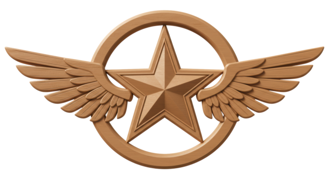 Isolated Wooden Star with Wings Aviation Badge - Powered by Adobe