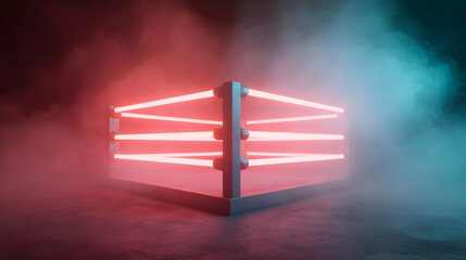 Empty Boxing Ring with Dramatic Neon Lighting and Smoky Atmosphere