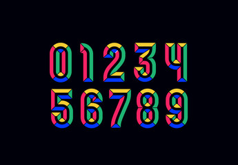 3D facet numbers set, beveled numerals 0 to 9 made in bright chiseled blocks, vector illustration 10EPS