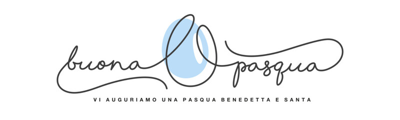 Happy Easter greeting card on Italian language. Happy Easter continuous handwritten calligraphy lettering line design and Easter egg in the middle on white background