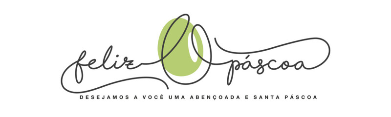 Happy Easter greeting card on Portuguese language. Happy Easter continuous handwritten calligraphy lettering line design and Easter egg in the middle on white background
