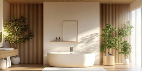 Modern bathroom design featuring a freestanding tub and natural elements in a spacious, sunlit setting