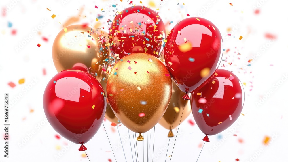 Poster a collection of red and gold balloons floating gracefully in the air, with colorful confetti explodi