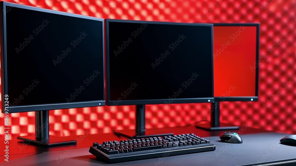 Poster stylish computer setup with multiple monitors and keyboard
