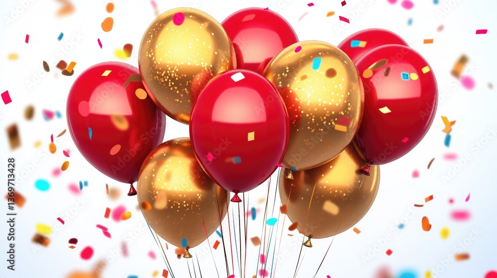 Poster a collection of red and gold balloons floating gracefully in the air, with colorful confetti explodi