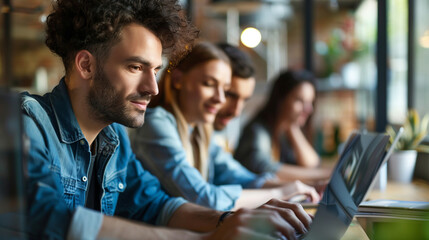 A startup team working together in a creative workspace with laptops and whiteboards