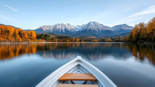 Empty White Rowboat Docked on Calm Lake with Autumnal Mountain Reflections