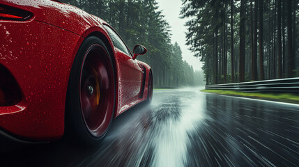 Dynamic side view of racing car speeding through Nürburgring Nordschleife with wheel motion blur and water spray on wet tarmac, atmospheric foggy forest backdrop.