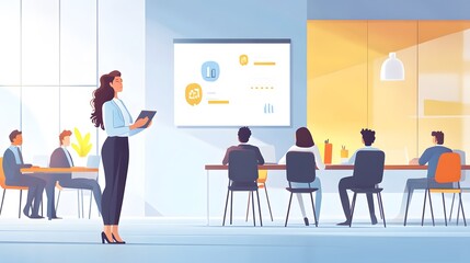 7. A professional woman leading a team meeting in a modern, open-plan office, sharing ideas for business success.