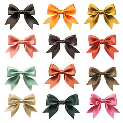  30 pieces of differently colored and shaped ribbon bows, isolated on a  template background PNG