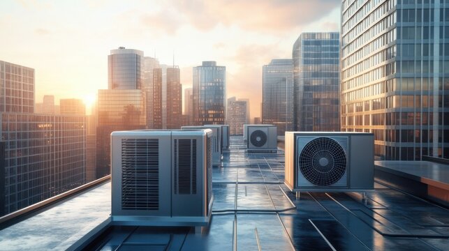 Air conditioning units on a rooftop overlooking a city skyline during sunset with reflections on glass buildings
