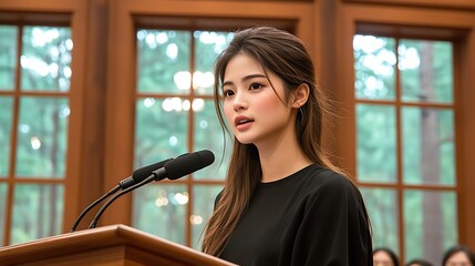 Young woman giving speech with lecture hall.