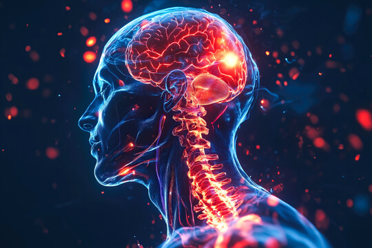 An X-ray of a human head highlighting neck pain areas with a glowing effect. The concept of medical diagnostics, spinal health, and neurological assessment. Generative AI.