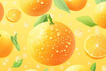 Citrus fruit pattern with fresh oranges, lemons, leaves, and water droplets on yellow background