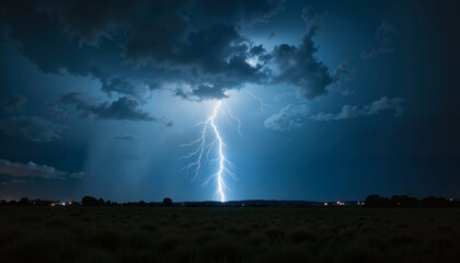 Dramatic lightning bolt illuminating dark stormy sky over field, nature's fury