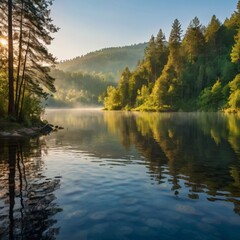 Obraz premium Mist Rising Above a Serene Riverbank