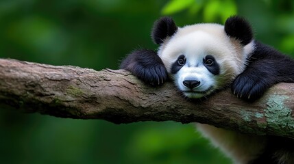 Obraz premium Cute baby panda resting on branch in lush forest