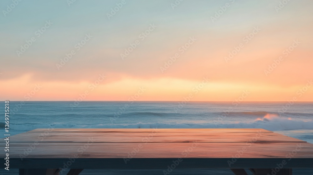 Poster sunset view over the ocean with a wooden table at the shoreline creating a serene atmosphere for rel