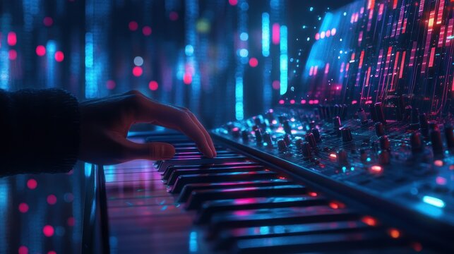 Synthwave Symphony: A Digital Pianist's Nocturne - Powered by Adobe