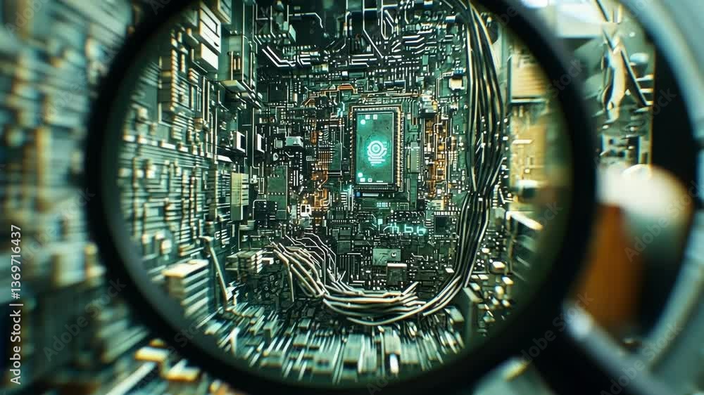 Poster magnifying glass revealing intricate details of a circuit board, highlighting a central processing u