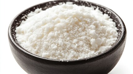 Fine white powder in a dark bowl against a stark white background.