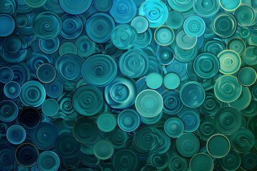 Abstract design featuring swirling circular patterns in shades of blue and green.