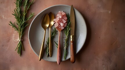 Overhead view of a rustic cutlery setting with pink himalayan salt and a sprig of rosemary. generative.ai