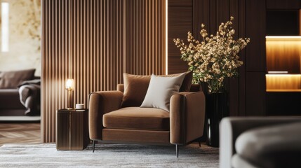 Modern living room with stylish armchair and elegant decor highlighting a cozy and inviting atmosphere