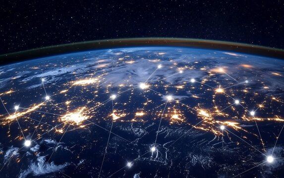 Global Network Connections Earth Night Lights Digital World Map Data Space Globe Lines