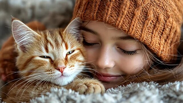 Girl cuddling a ginger kitten, cozy home scene, close-up shot, perfect for a children's product ad or animal-loving family