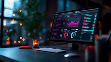Financial Data Analysis on Computer Screen at Night