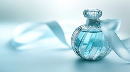 Elegant glass perfume bottle with a blue liquid and satin ribbon against a soft blue background