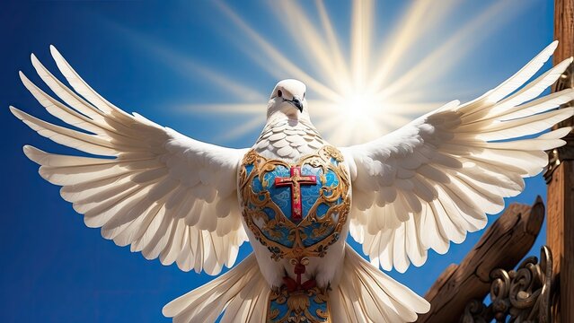 A white dove in mid-flight is depicted against a bright blue sky,