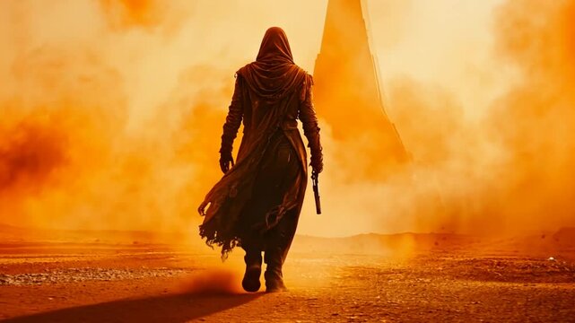 Desert warrior figure walks, orange landscape, futuristic scene,  background feature